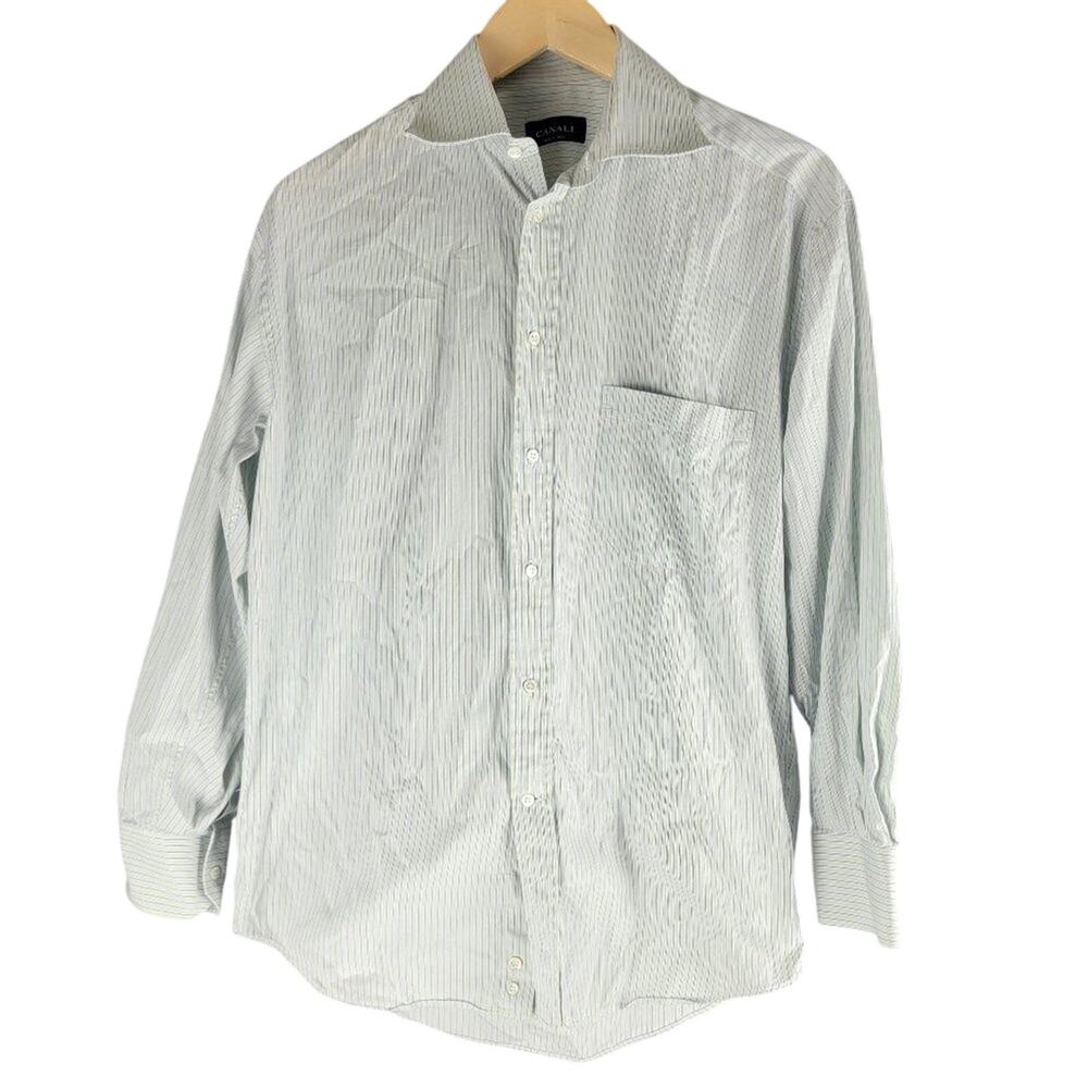 Canali Long Sleeve Button Up Dress Shirt Stripe Light Green Size 15.5